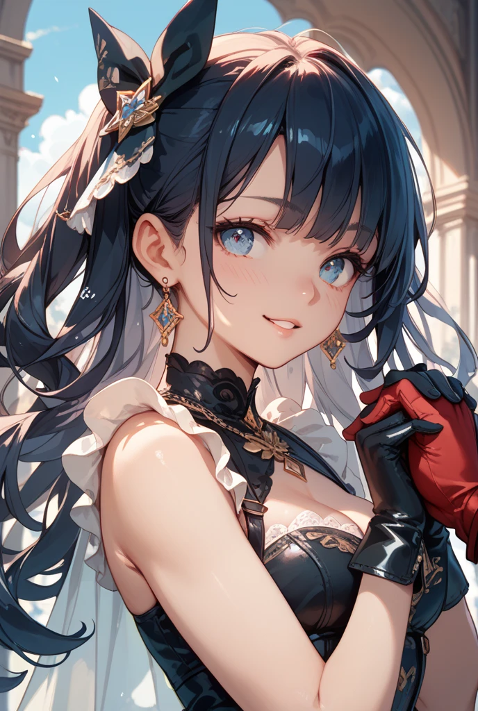((最high quality, 8k, masterpiece)), High resolution、(high quality: 1.5)、Very detailed、Detailed face、Bright colors、Natural light、Fine grain、Colorful eyes、Beautiful Face、非常にDetailed faceのテクスチャの女性,masterpiece, 最high quality, Detailed and beautiful eyes,最high quality、Best image quality、masterpiece,girl,smile,From below,grin,,Just beautiful,masterpiece,(laugh at),最high quality、so beautiful,High resolution,1girl, solo,make up,make,(masterpiece:1.2)、(最high quality:1.2)、Latest Glossy Skin