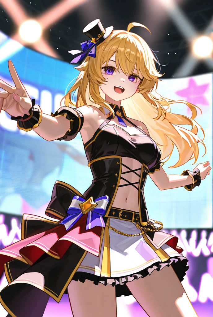 A woman wearing a black dress with purple details, idol style dress, thick black tights, with exposed chest, short blonde hair, red bangs, brown eyes, on an idol music stage, purple lights, women's shoes, big breasts, purple purple in hair, smiling.HDR, ultra resolution, well defined, masterpiece, 8K HD (woman solo )