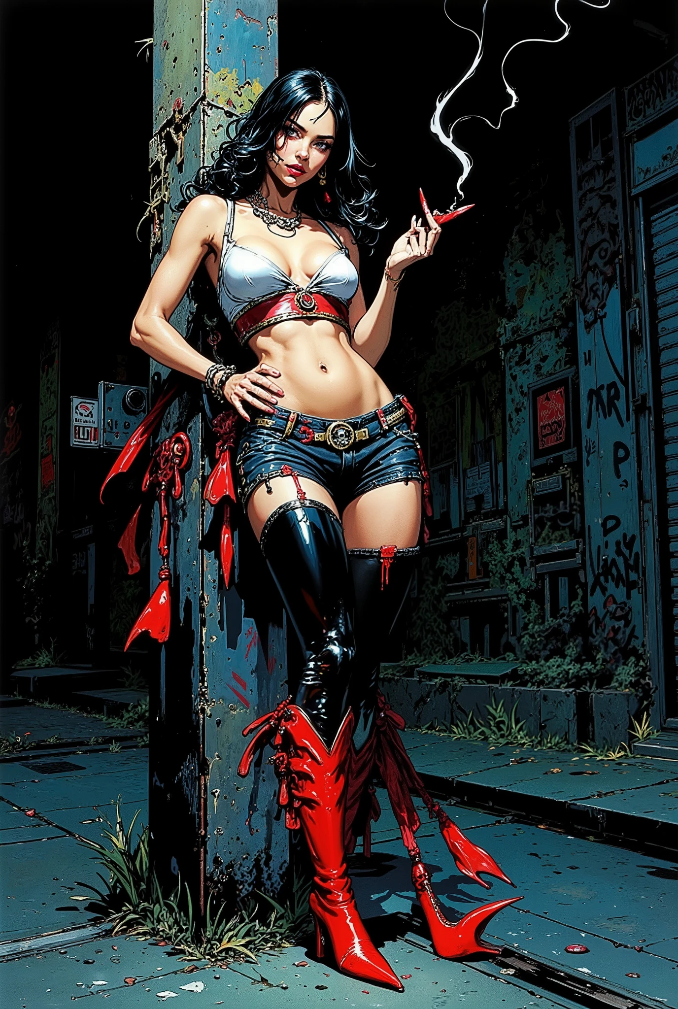 grafitti covered alley with destroyed cars and trash, beautiful gothic asian vampire woman with yakuza style tattoo all over her body and sharp fangs protruding between the lips of her mouth wearing black and red leather thong bikini and black fishnet stockings with a red garter she walks away into the dark end of the alley her backside revealed, backside, angry and showing her long fangs with blood dripping from the corner of her mouth