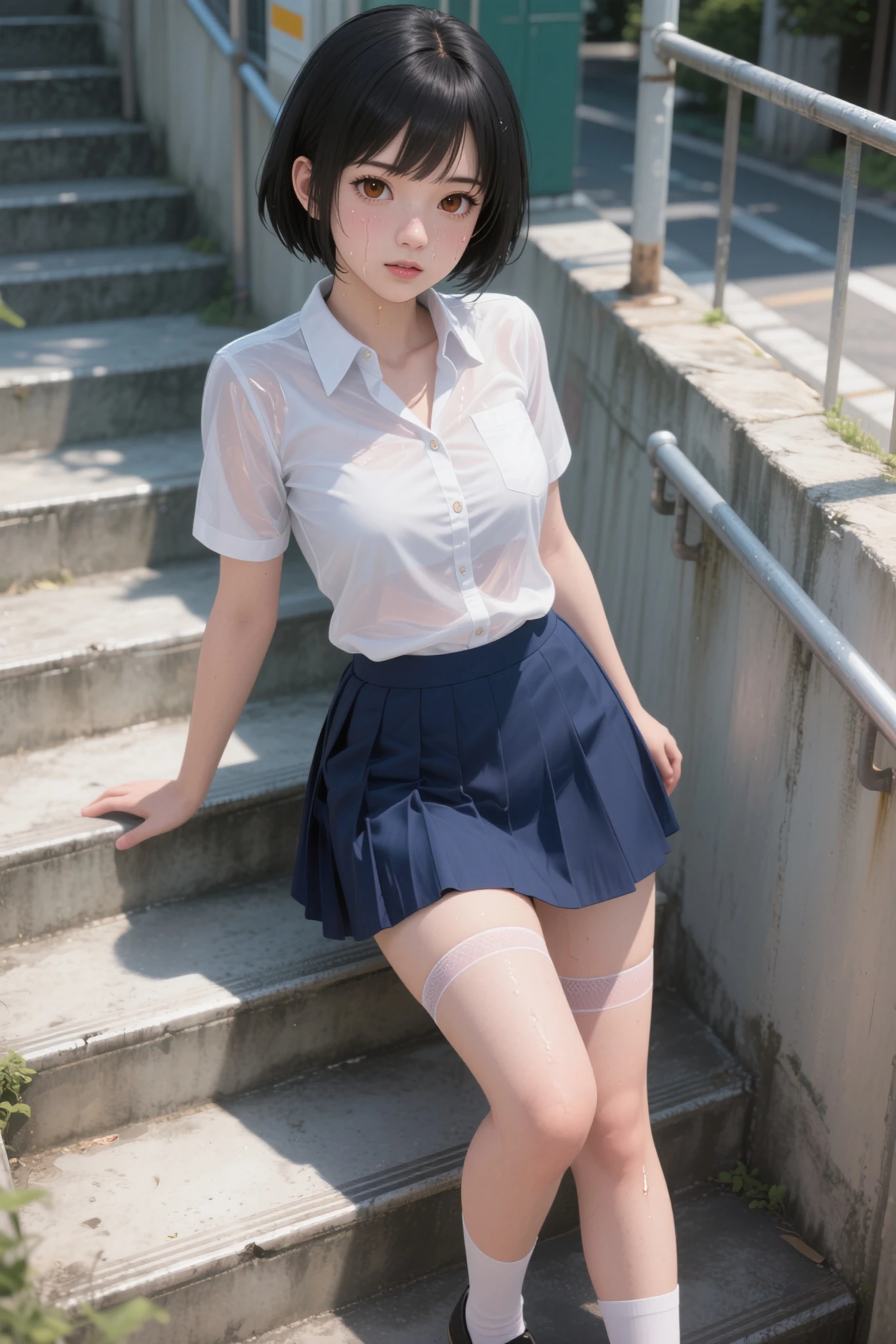 ((of the highest quality, 8K, masutepiece:1.3)), 1 girl, (medium breasts:1.3), Realistic, High resolution, (Highly detailed face and skin texture), (Lifelike face), Perfect body proportion, (Smooth skin, flawless skin, Whitening skin), (Ultra-detailed face), Double eyelids, Soft lighting, Cinematic lighting, (Blurry background:1.5), straight look at viewer, (Black hair, Short hair, Bangs hairstyle), (Full Shot, From below:1.5), buttocks raised, Exposing thighs, ((wind lift:1.6)), School uniform:1.3, Plaid and pleated skirts, (Student shirt under sweater vest:1.2), (See white lace panties), (skirt tug:1.3)、Skirt Holddown、