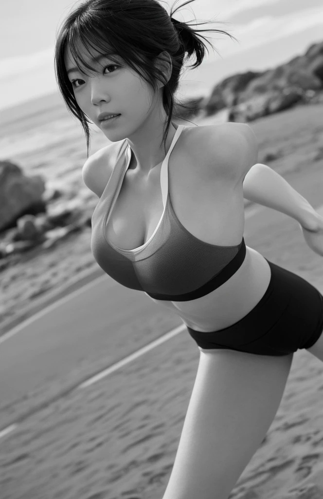 Surreal, A photo with the sky as the background, looking up from the front of the feet to the chest.、Maintains focus on the person, Upper body from the waist up、From below, 1. Japanese 、Woman in white micro bikini, Short brown hair. clear々A funny expression、Soaking wet, This perspective highlights the underside of the chest, The skin texture is finely rendered, clothing, and shadows. The lighting is natural, Soft shadows accentuate the contours of the chest. The background is blurred, creates a dramatic, 