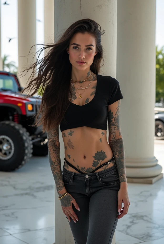 Create a hyper detailed photograph of ablack ink, tattoo  muscular young sexy kaiju , Stunningly perfect gorgeous face, perfect makeup, detailed vibrant neon sapphire eyes, long hair, big beautiful muscular legs, big beautiful muscular arms, big back muscles, perfect Voluptuous body figure, muscular abs, detailed smooth skin, (gigantic huge breasts), big muscular ass, black lace dress, detailed realistic cyberpunk futuristic vehicle,