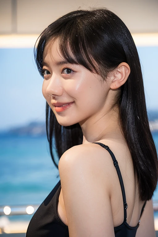 (RAW Photos: 1.2), (Realistic: 1.4), (highest quality: 1.4), Ultra-high resolution, (Fine Eyes),Full body photo,Gravure photo,1. High school girl,(Big Breasts),Black Hair,((Cute Bikini)),Bright Eyes,Blushing,smile,Highly detailed face and skin texture, Healthy Skin,(Beach),8K resolution