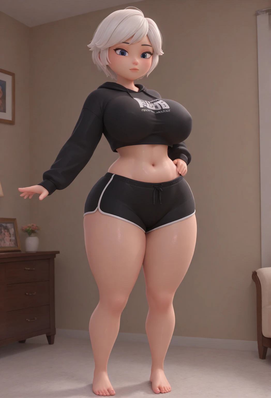 ((best quality)), ((masterpiece)), (detailed), perfect face, pink hair, short hair, bob cut, purple top, crop top, purple legging, huge breasts