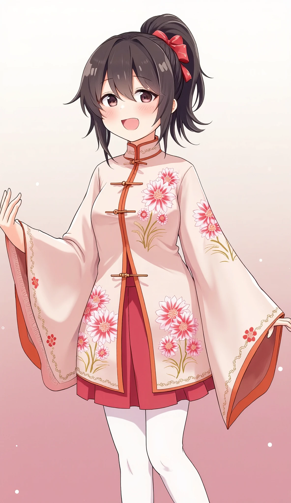 robe, 1 girl, [[[Ribbon, , Chest, 白雪 Chinese clothing , Chinese clothing , skirt, flower, Gradient , Gradient background, embroidered ball flower, Watch the audience, small Chest, white pantyhose, Single, thigh 连裤袜