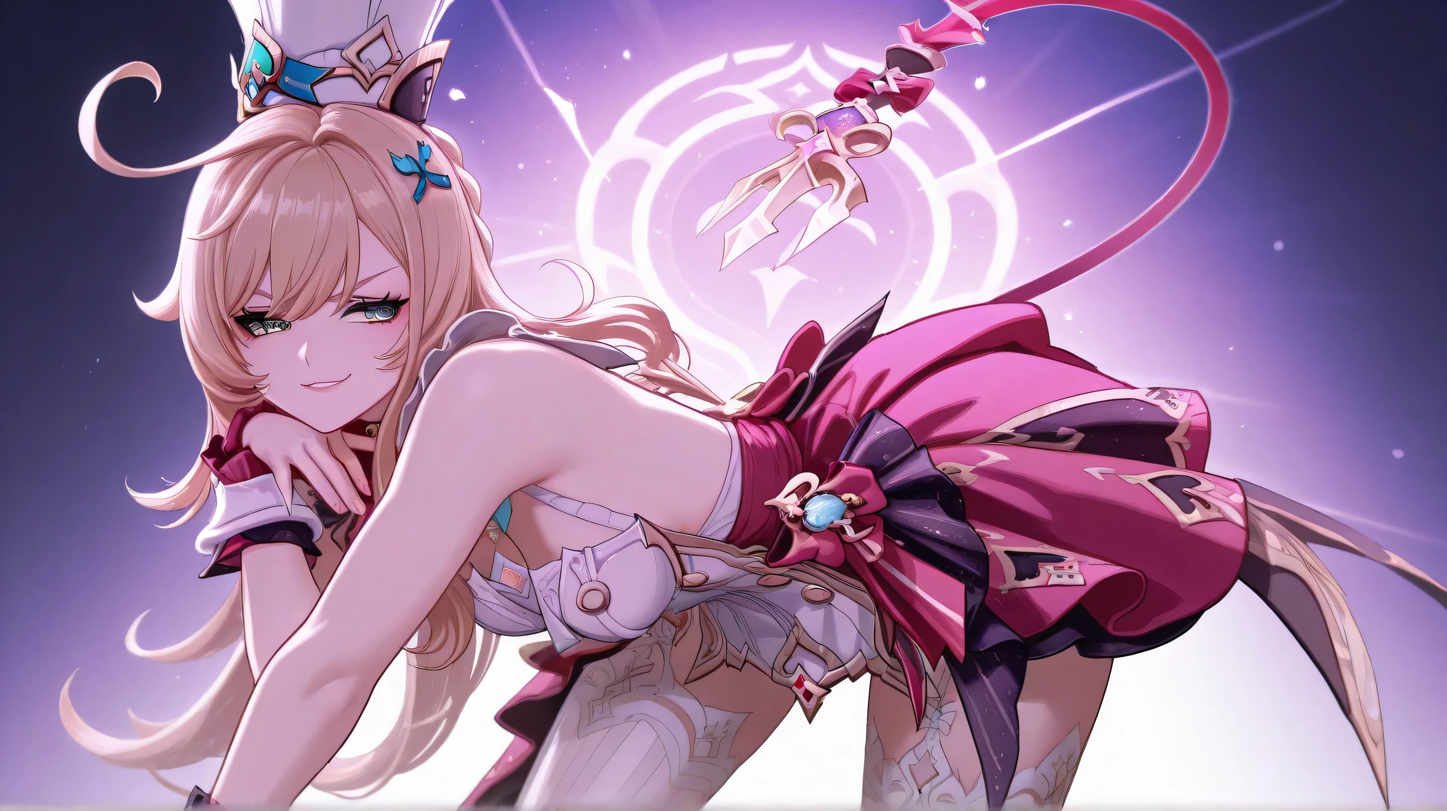 escoffier genshin impact, slightly smirking expression that shows off her confidence, looking confident and striking a pose, bent over, looking back