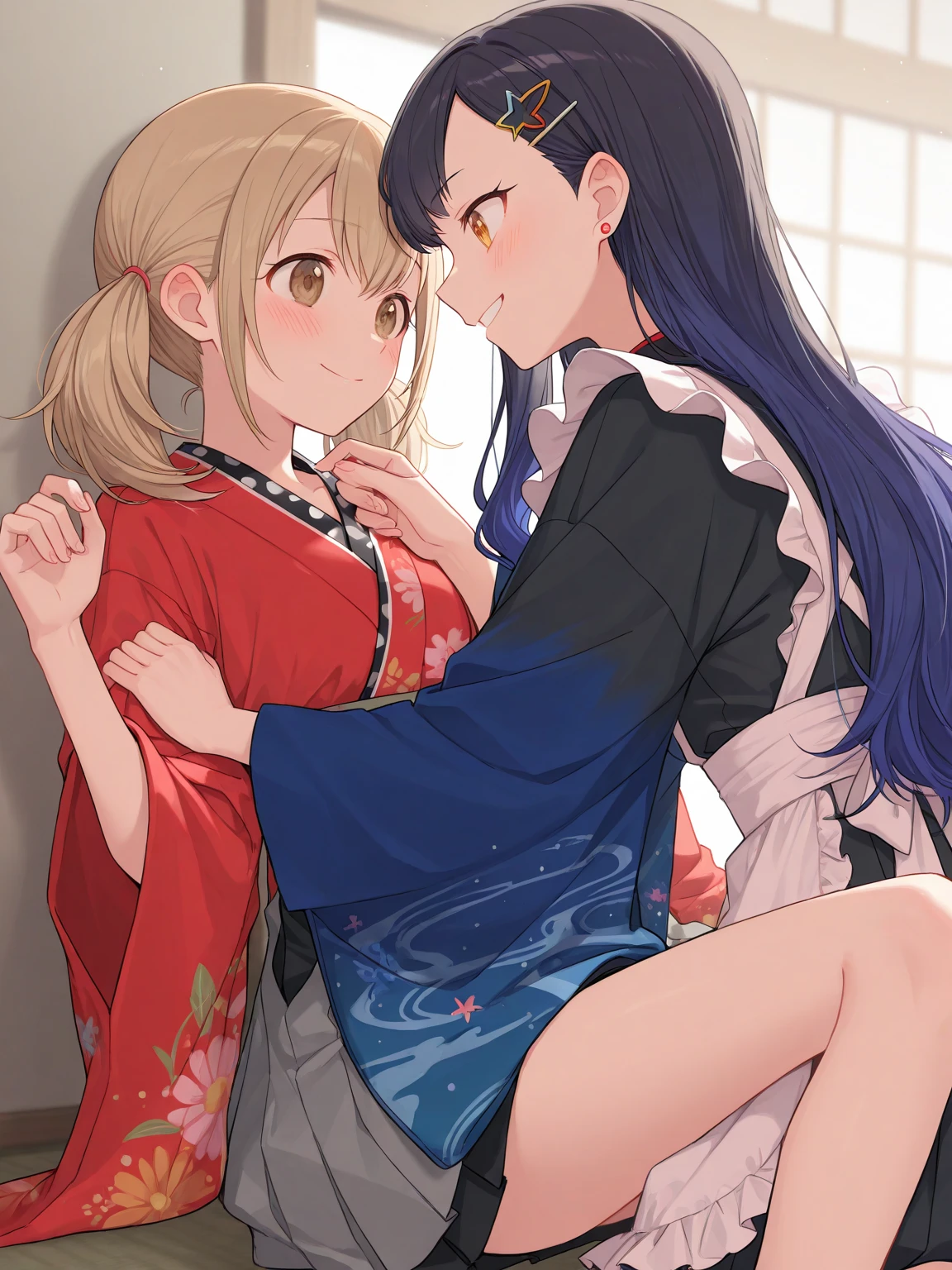 ​master piece,hyper quality, Hyper Detailed,Perfect drawing,Hi-Res、２People Japan Idol、student clothes、Lovers、Look at each other from the front、((kiss))、(((French kiss)))、Hug each other's chests as if pressing、stare at each other、Moist eyes、Half-open lips、Beautiful、red blush(0.2)、Functional、seductiv、Trance、demagoguery、Beauty、bustup、Shunguang、、Shot diagonally down from the front、precise drawing、Detailed drawing、Precise human body structure、Locker Room、beatiful backgrounds