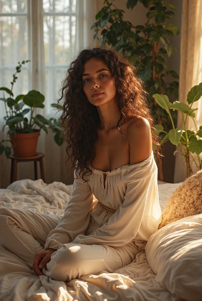 (photorealism:1.2), beautiful woman, sitting on bed, wearing loose off-shoulder top Made of leaves, pajama pants Made of leaves too, long curly hair, indoors, soft lighting, plants in background, window with sunlight, cozy room, relaxed pose, realistic, intricate details, warm colors, by Greg Rutkowski, by Alphonse Mucha