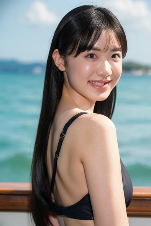 (8K、Raw photography、best quality、Masterpiece:1.2)、(realisitic、photoreallistic:1.37)、ultra hyper-detailed、ultra-high-resolution、1 girl、see the beholder、beautiful detailed face、a smile、Constriction、(Slim waist) :1.3)、Beautiful detailed skin、Skin texture、Floating hair、Professional lighting、Whole human body、Longhaire、a blond、the beach、swimsuiti、
