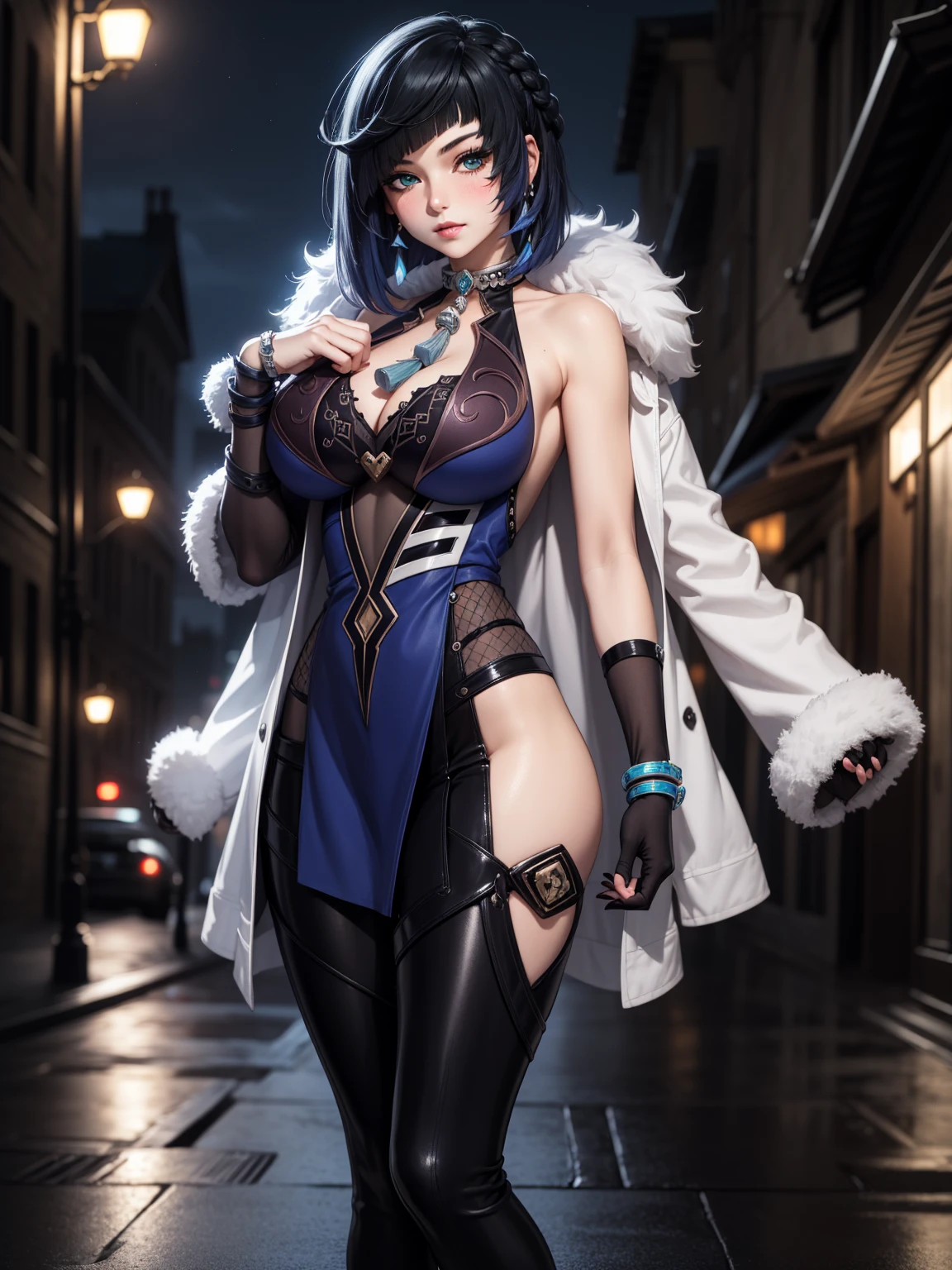 vampire girl with fangs sitting in bed posing sideways, big boobs, snow on the ground, wet clothes, seductive, beauty spot on chin, wearing a loose oversized jacket, off the shoulder, fishnet leggings, wearing an oversized dress, wearing a long loose white shirt, sexy thighs, side pose, small mole on the chin, blushing, neon lights in the background, detailed background, raining, long sleeves, neck choker with necklace, long necklace, evil look, detailed digital anime art