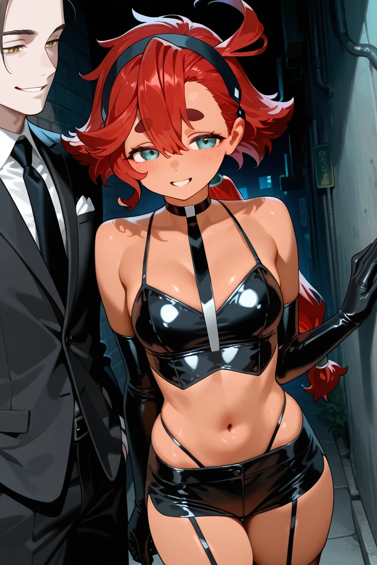 ((Highest quality)), ((masterpiece)), (detailed), prison, One person, akanechan, red hair, femdom, dominatrix, looking down, ((((black dildo, black sex toys, black strap-on)))), ((bare shoulders)), ((black bustier)), ((black stockings)), ((black g-string)), ((black high heels)), ((black garter belt)), ((black elbow gloves)), ((female standing)), ((evil grin)), stare at viewer with stern eyes, ((looking at viewer)), from below,