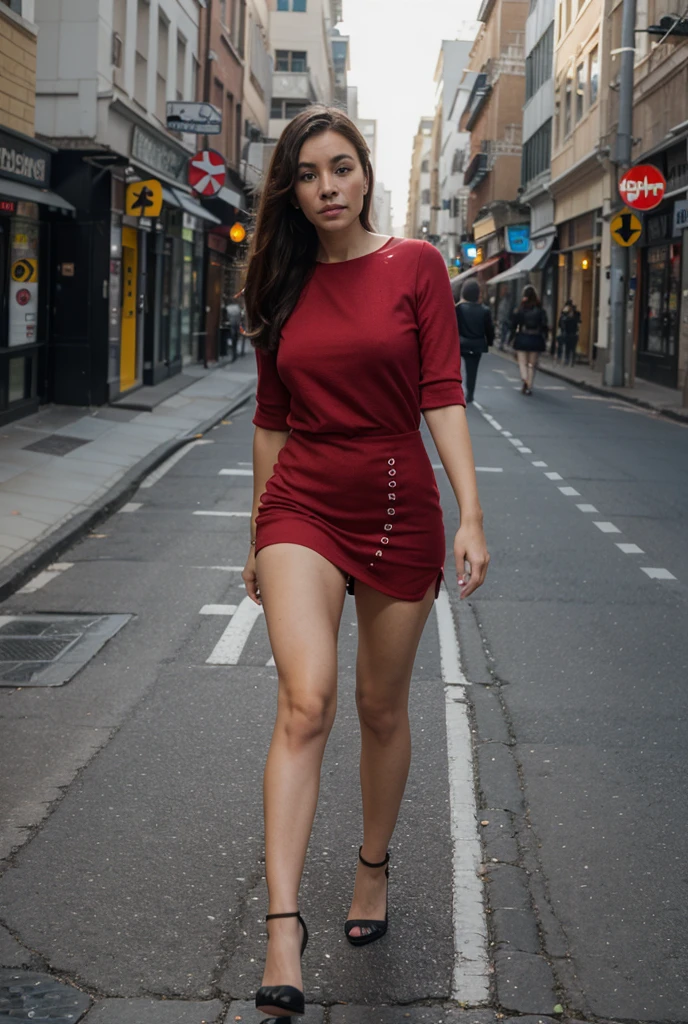 Woman walking, wearing short red knitting dress, red high heels, city alley, tall building,