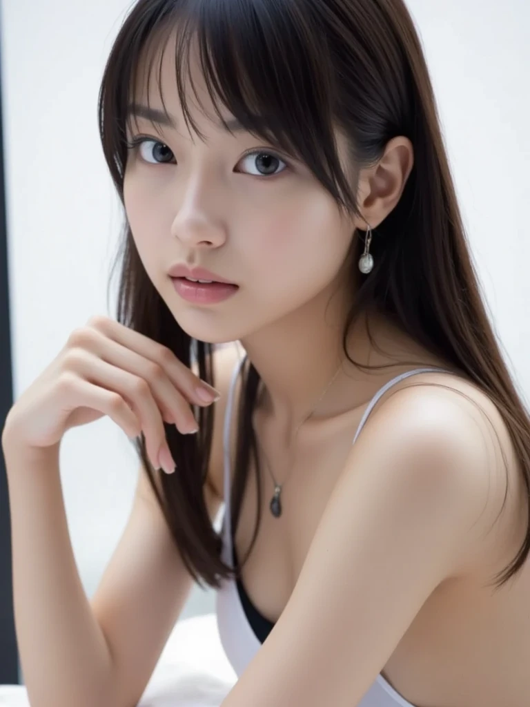 (close:1.2), (Tabletop, highest quality, 8k, Official Art, RAW Photos, View Viewer:1.3), Absurd, Violet, Gardenias, Strapless Dress & choker, beautiful girl, Pretty face, Earrings, Black Hair, Film Grain, chromatic aberration, Sharp focus, Face Light, Dynamic Lighting, Cinema Lighting, Surreal, High resolution, Highly detailed eyes and face, Sharp pupils, Realistic students, (Simple Background, now:1.2),