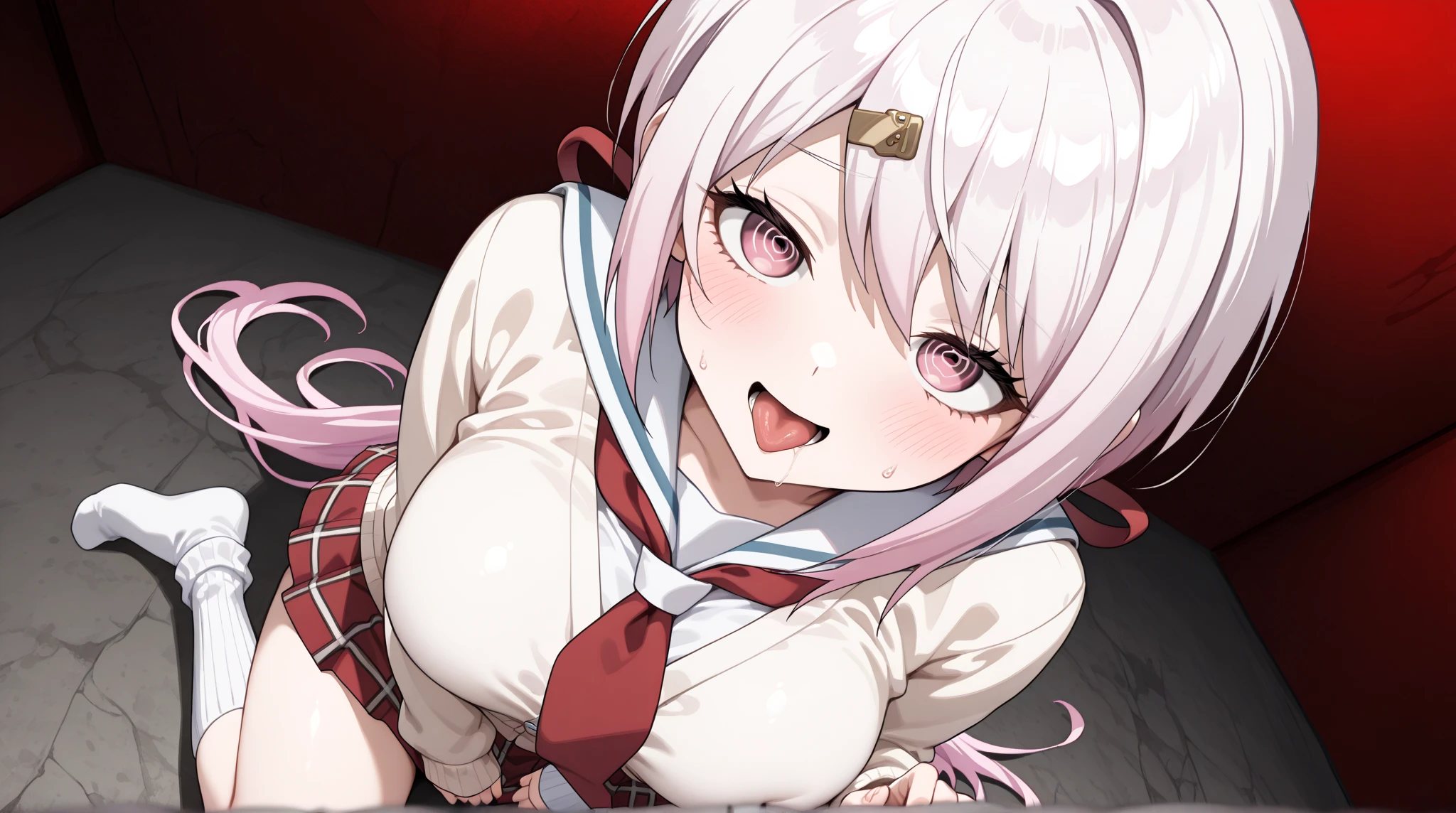 best quality, very aesthetic, absurdres, (1girl, mutsuki, blue archive, solo, red eyes, white hair, side ponytail), (realistic face:0.9),(), looking_at_viewer, blush, open_mouth, bangs, navel, nipples, hetero, lying, one_eye_closed, teeth, solo_focus, tongue, tears, on_back, armpits, clothes_lift, arms_up, bottomless, bed_sheet, pov, shirt_lift, trembling, camisole, tearing_up, (1boy, dark skin male, out-of-frame_censoring, implied_sex, tickling:2), (blush, thigh:1.3), (cowboy shot), (glowing eyes), (half closed eyes:0.9), (official art:1.3), expressive eyes, perfect face, 4k, extremely detailed anime illustration, extremely detailed eyes, perfect anatomy, light rays, extremely delicate body, smooth skin, (school background:1.5), clear eyes, beautiful face, small breasts,(anime style:1.7), (Warm Light:1.5), (highres:2), 1girl, mutsuki, blue archive, solo, red eyes, white hair, side ponytail, 1girl, mutsuki, blue archive, solo, red eyes, white hair, side ponytail

