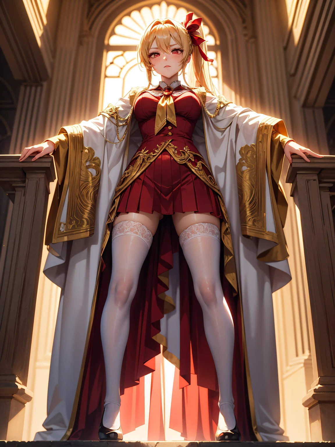 Masterpiece, perfectly detailed, 1 mature woman of 25 years, the most beautiful woman, very large breasts, sagging breast, naughty look, full body, sadistic expression, medieval clothing, mini dress, revealing clothing, royalty, golden high heels, tight red stockings thigh high, full body, front view, golden brown hair, standing, dynamic pose, throne room in the background @n4d1e
