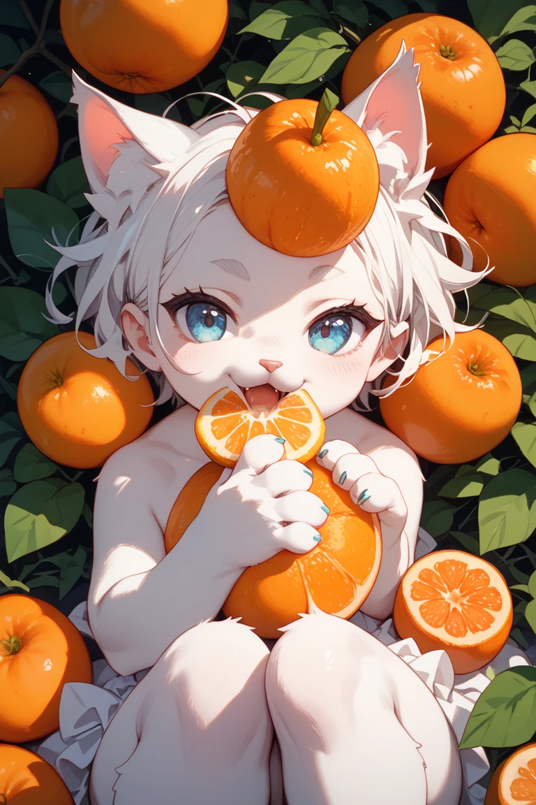 A teenage anime human girl with white puppy-like features and orange spots, She has fluffy hair and summer beach clothes 
