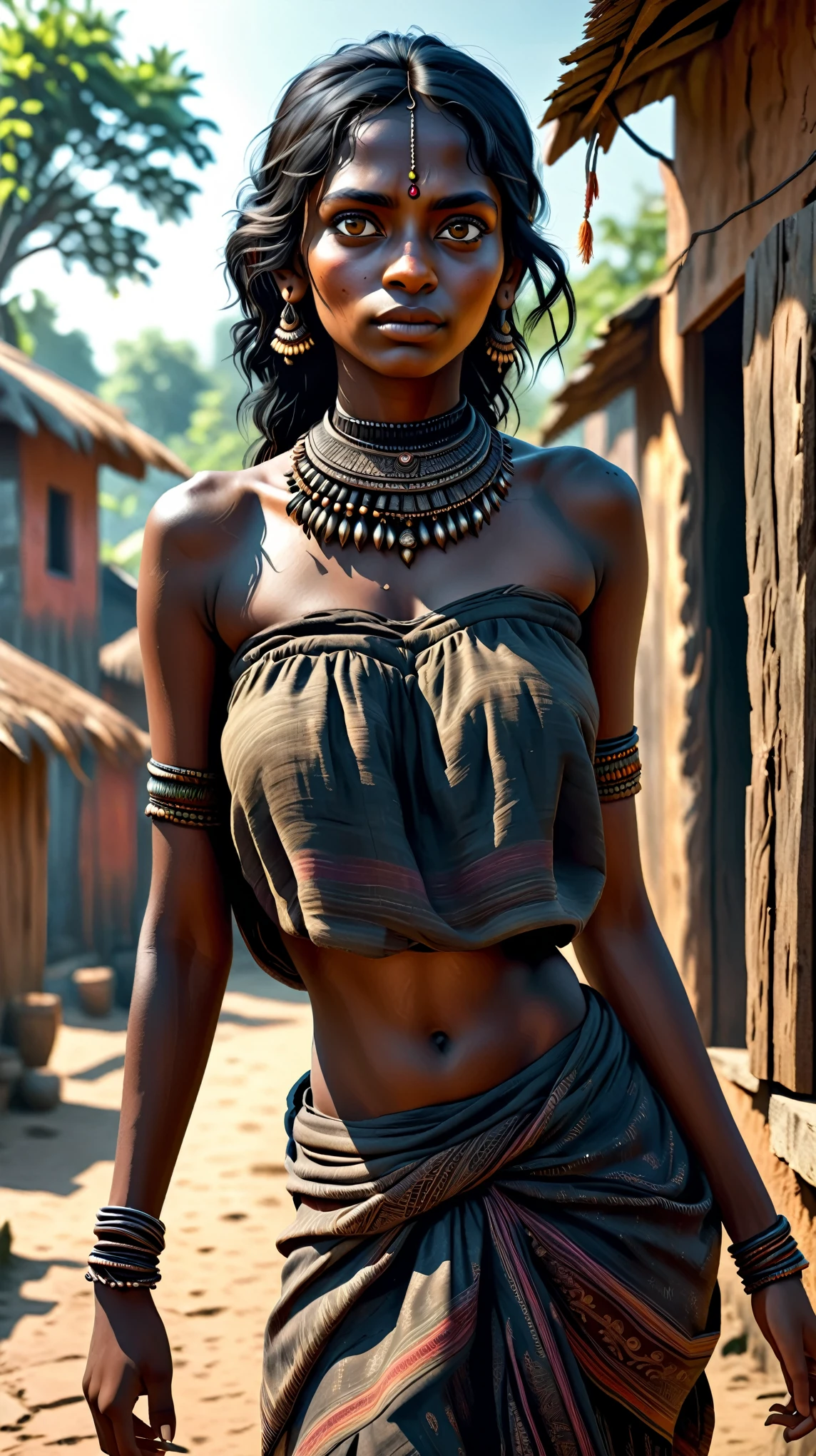 Dynamic photo of a very ugly, bad looking, black skin indian girl, in a village, realistic cinematic style, 4k ultra HD quality in 3D,undefined,