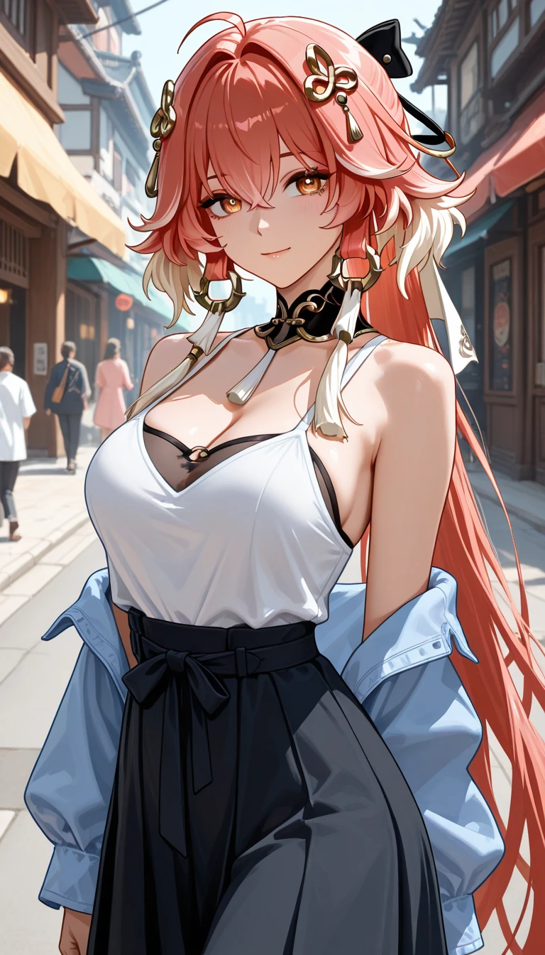 (masterpiece:1.2), (best quality:1.2), perfect eyes, perfect face, perfect lighting, 1girl, mature female, smiling, long red hair, straight hair, sophisticated haircut, stylish, single bare shoulder shirt long, music band print, jewelry, necklace, earrings, armlets, lacey choker, belt, low cut black jeans, thick eyelashes, makeup, eyeshadow, detailed mall background, crowd