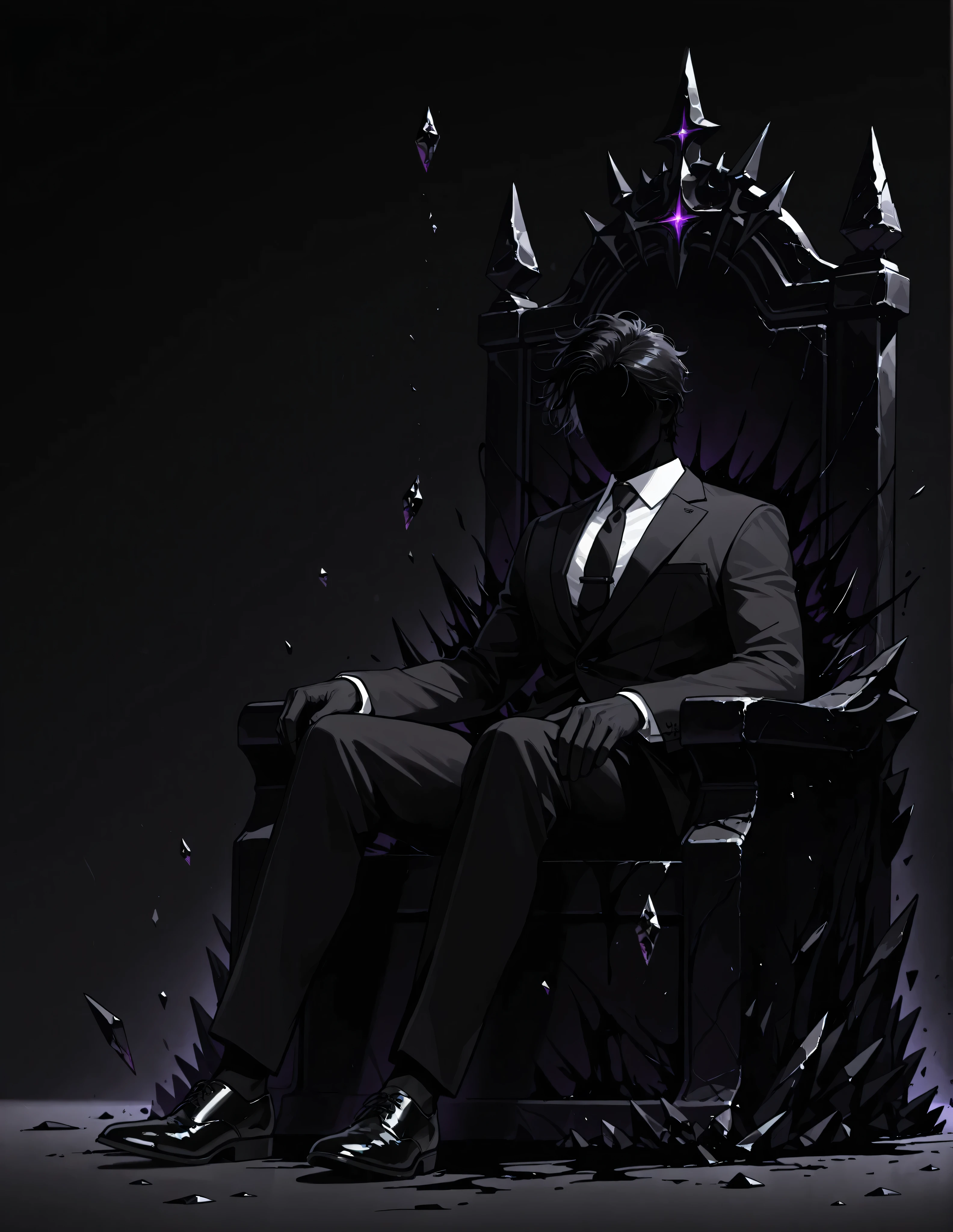 1man, black skin, no face, faceless, black suit, Black tie, Black shoes, Business suit, Deep darkness , disheveled hair, Black throne, Sitting, Void, Black blood, Dark crystals, shards Floating, Dark stones, Peaks