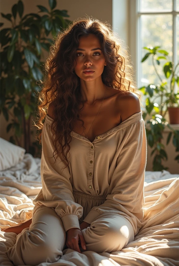 (photorealism:1.2), beautiful woman, sitting on bed, wearing loose off-shoulder top, pajama pants, long curly hair, indoors, soft lighting, plants in background, window with sunlight, cozy room, relaxed pose, realistic, intricate details, warm colors, by Greg Rutkowski, by Alphonse Mucha