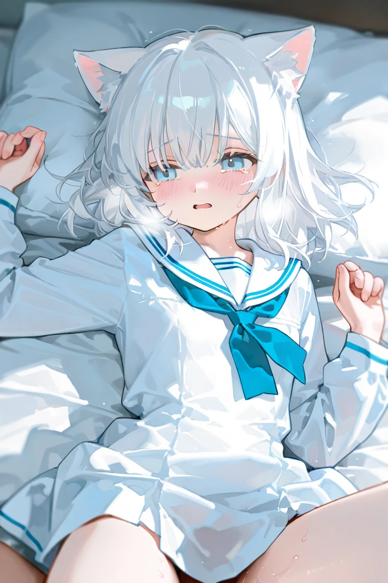 Anime characters with white hair and blue eyes, anime visual of a cute girl, Anime moe art style,Girl with short white hair, Shoujo white hair young anime girl, official character art,Heterochromic pupils,Wear high-top sneakers,White sailor suit,blue accents,red hairband,Lie down in bed,flatchest,Short ponytail hair,White high-top flats in hand,chiquita,fully body photo
