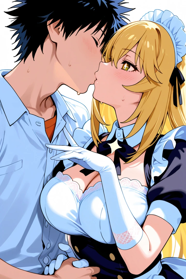 score9, score_8_up, score_7_up, anime style, source_anime, 4k, uncensored, very aesthetic, anatomically correct , soft lighting, volumetric lighting,BREAKE kaho hinata, blonde hair, blue eyes, hair between eyes, long hair, sidelocks, twintails,,apron, blue shirt, blue micro skirt, frilled apron, frills, gloves, head scarf, shirt, short sleeves, skirt, uniform, waist apron, waitress, white apron, white gloves,solo,huge breasts,white panties White Stockings, indoors,nipple,open shirt, NursingHandjobER, 1boy, 1girl, handjob, breast sucking,((breasts miik)),female focus, ((man is face out of frame)),leaking precum,big areola