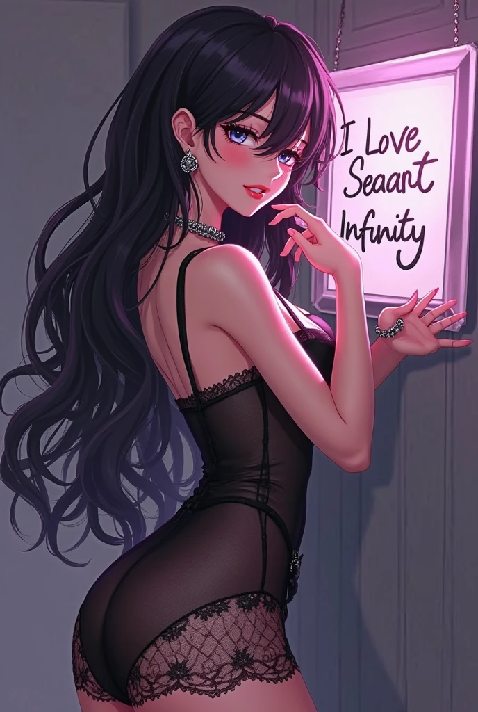 (anime, masterpiece, intricate), summer aestetic background, 1 girl, comics_darkstalkers_morrigan_aensland, Slender hips, slim stomach, thin waist, sexy posing, back view, aesthetically pleasing rear view, looking at viewer, medium breasts, slim body, violet hair, violet eyes, skimpy black dress, long hair, black garter stockings, very short mini skirt, lingerie, heart shaped earrings, girly decorations, solo, flowers, modest smile, bright red lipstick, painted nails (red), from behind