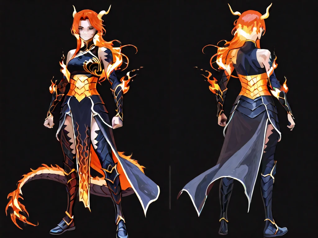 A cool character design, anime, semi-realism, cool, extreme detail, female dragon lady, fierce, full body, fire detailing, intricate details, each scale is rendered, her body is a dragon but she has the head of a woman! HER BODY IS A DRAGON HEAD OF A WOMAN! ONLY THE HEAD IS A HUMAN, HER BODY IS A DRAGON 