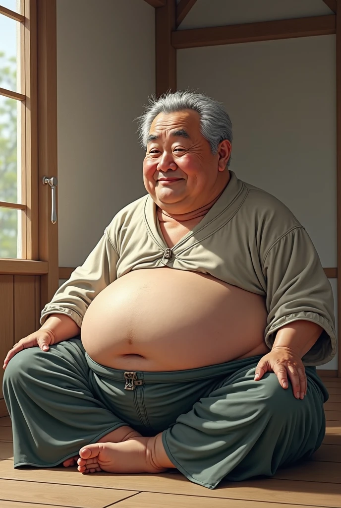 The story of an old man, bald, fat, obese, Chinese, shirtless, Buddha. A close-up image of the face of a Vietnamese elderly person, illuminated by the light of the sky, with a village in the background.