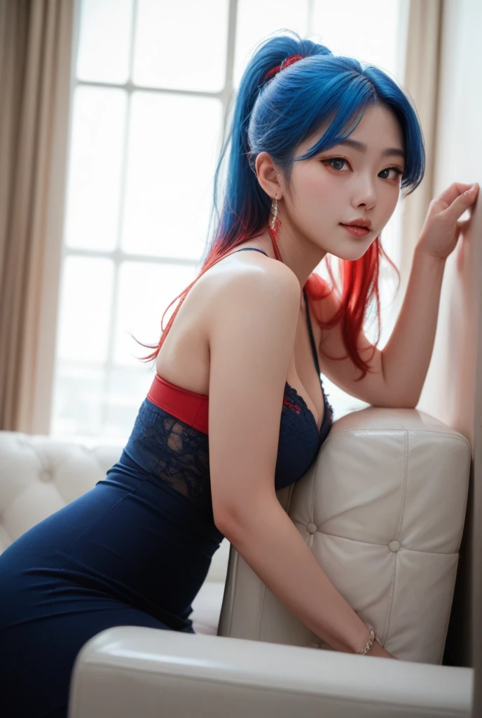 ((Best quality, 8k, Masterpiece :1.3)), Full body, Sharp focus :1.2, Beautiful woman with perfect figure :1.4, Slim stomach :1.2, ((cyan hair, Big breasts :1.2)), body dress : 1.1 , (Night city view, Bedroom :1.1), Highly detailed facial and skin textures, Detailed eyes, Double eyelids, big breasts, OL Uniform, Office Wear, White T-shirt, exposed cleavage, (Black Pantyhose) , (No Panties), Interior Scenes, Office, oppai, teasing