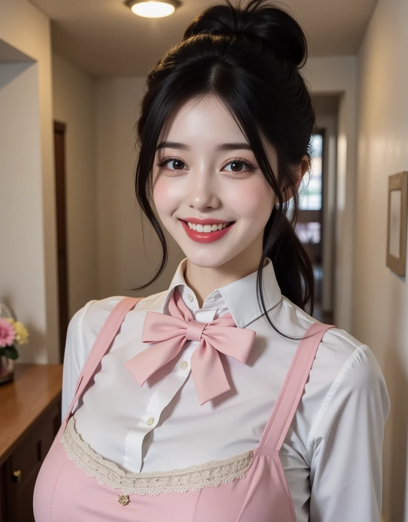Characters: Real people, peerless beauty, cute girl, single, ((((Liu Yifei's girl with facial features))), Face: Delicate and beautiful facial features, oily red lips, sweet smile, smile, smile toothless, pure, blushing face, exquisite CG, Body: delicate skin, shiny, moisturized skin, Wearing: ((Bunny girl)), (pink translucent blouse 1.5), (blue and red) smart bow tie, unbuttoned Image quality: highest quality, masterpiece, vista, Rating: Safe