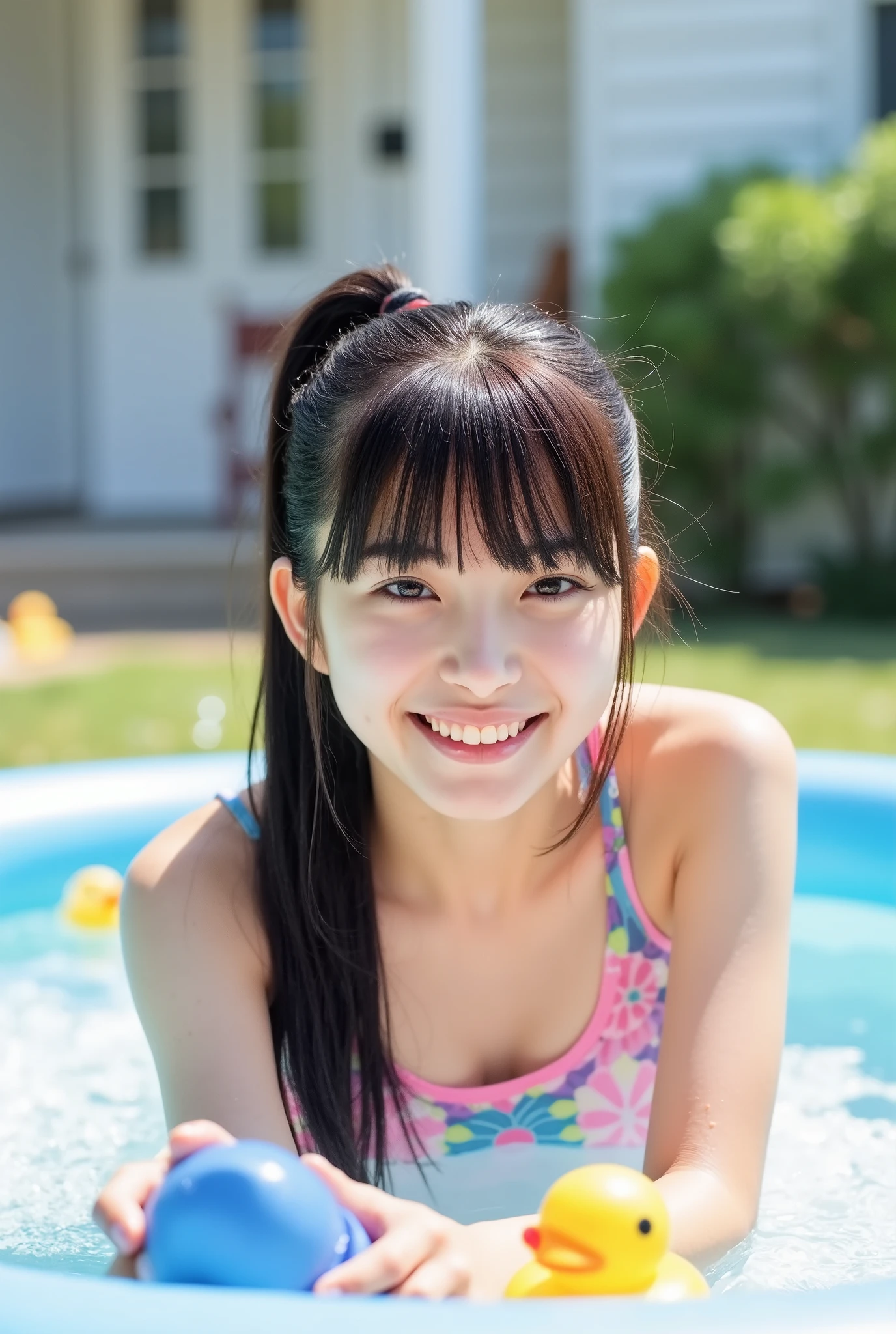 (best quality:1.2), masterpiece, Realistic, Ultra-high resolution, ((a beautiful Japanese idol woman:1.2)), (Gaunt:1.3), (((Very flat chest:1.4))), ((Baby Face)), ((upper body)), (nup, cheerleader:1.2), (show me your armpit:1.2), (sweaty armpit:1.1), ((Armpits are wet and shiny with sweat)), She has skin that sweats easily Soaking wet, Sweaty, (I can see my pores:1.2), topless, solo, smile, standing, looking at viewer