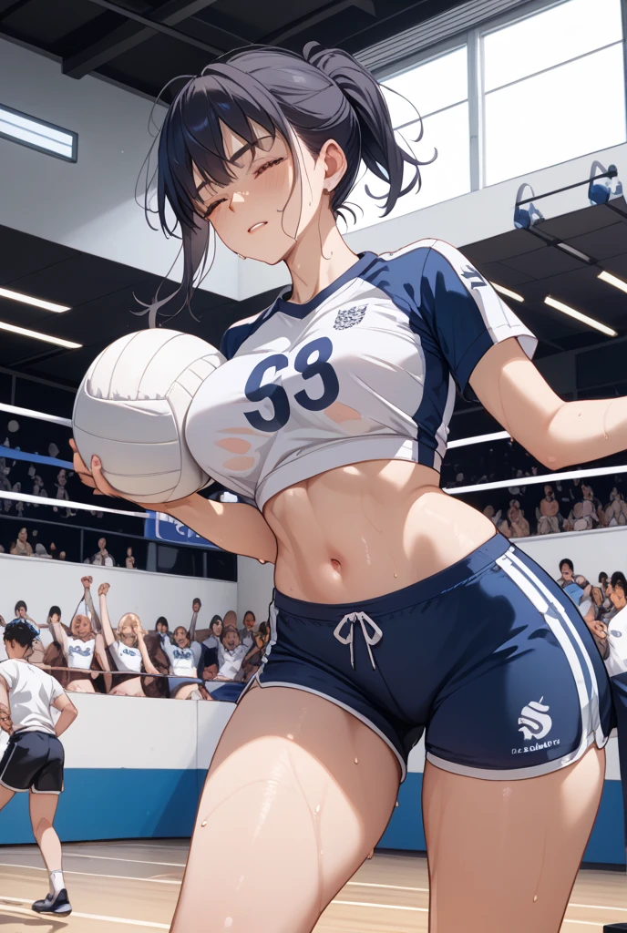 unity 8k wallpaper, anatomically correct, (((masterpiece))), (((best quality))), (((ultra detailed))), (((high-resolution))), ((super fine illustration)), ((Ultimate cutie)), ((detailed beautiful face)), perfect hands, perfect finger, (((good anatomy))), BREAK, multiple girls, lovingly gaze, harem, group picture, , (potbelly), (Curve), medium breasts, ((thick thighs)), Shiny hair, (((coquettish smile))), (((blush))), BREAK, Adidas, Sleeveless collared Volleyball Uniforms, ((wristbands)), BREAK, (Hold the beautiful spherical 6-inch volleyball), ((Sweat)), (perspired), (Heavy breathing), in gymnasium, in volleyball court, depth of field, strong light, cowboy shot,,