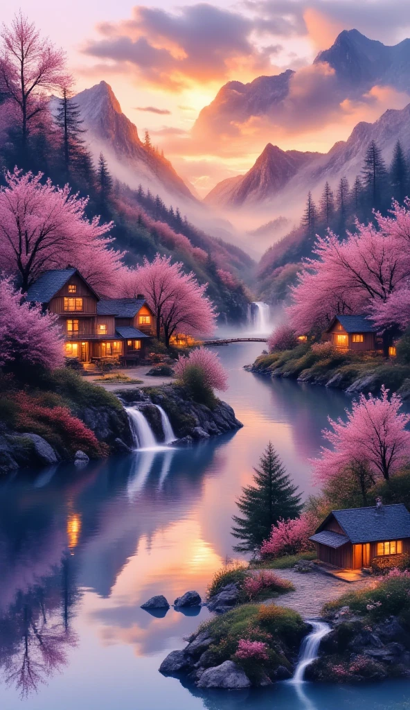Just purple and orange. a small village by the river, mountains in the background, floral flowers colorful, detailed landscape, Beautiful natural landscapes, atmospheric lighting, scorching sunset, warm colours, practical, photopractical, Detailed Foliage, complex buildings, cobblestone street, Charming country house, swirly vibrant colors, lush vegetation, Still water reflections, Picturesque, idyllic, work of art, best qualityer, 8k, extremely detaild,anime styling