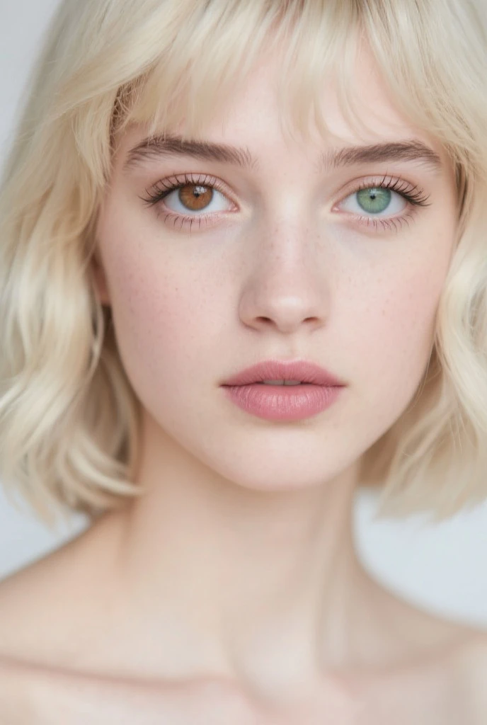 young woman, young, portrait, high quality, albino, bright skin, white eyelashes, White hair, freckles, green eyes, plump lips, cheekbones