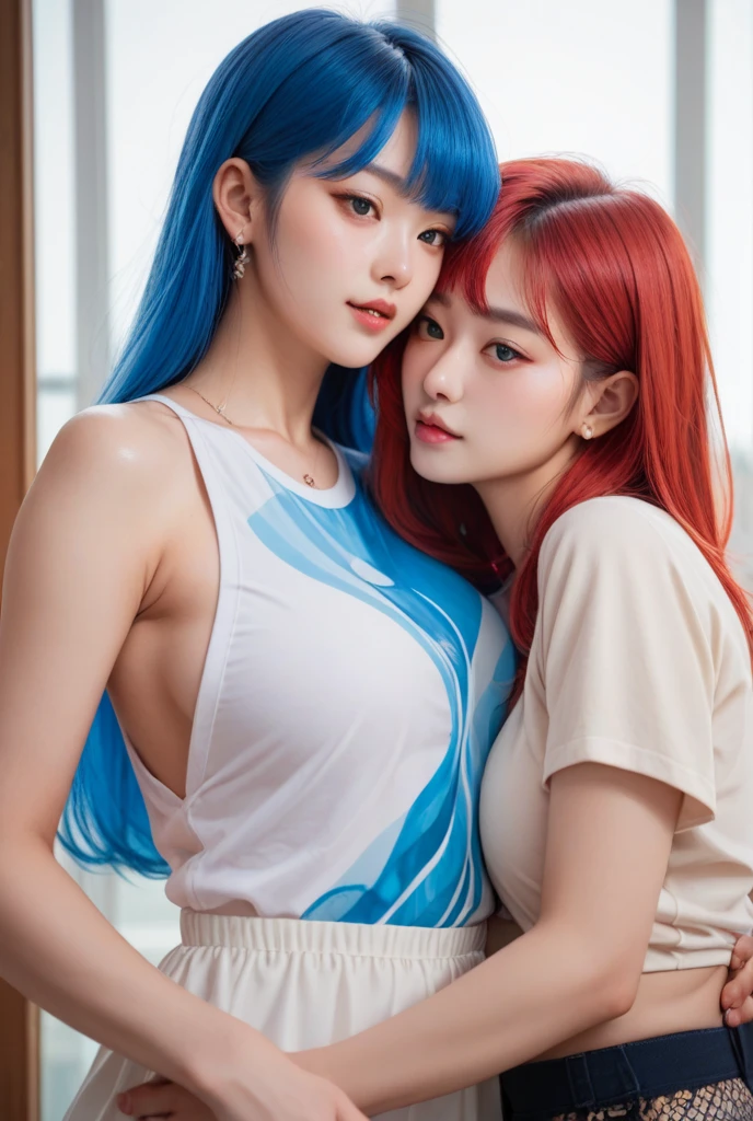 Two cute Korean singer girls,Take photos at night,The background is the bathroom,The two girls were kneeling,facing each other,Chest to chest,white lace underwear,Cute real girl with big breasts,Dew,Blue hair and pink hair,tying hair,erogenous,eroticism,Realistic Korean girl,female student,cute schoolgirl,Look up at the camera