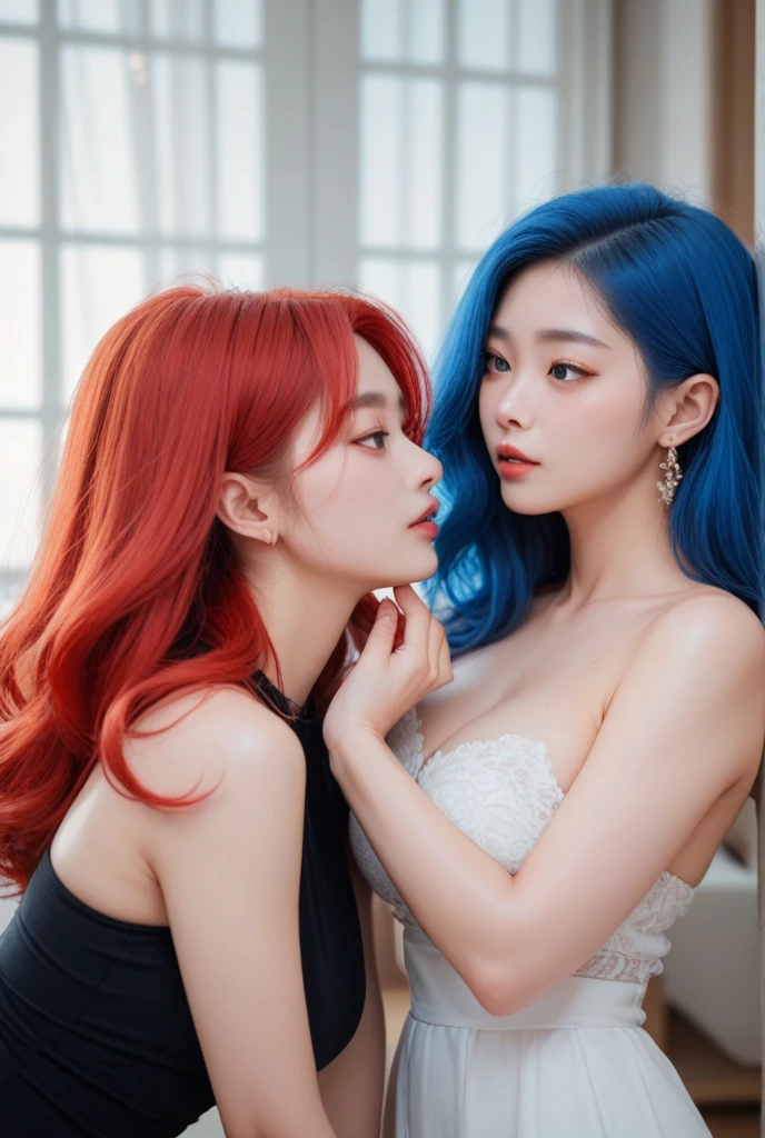geneame two women kissing, blue and red hair

