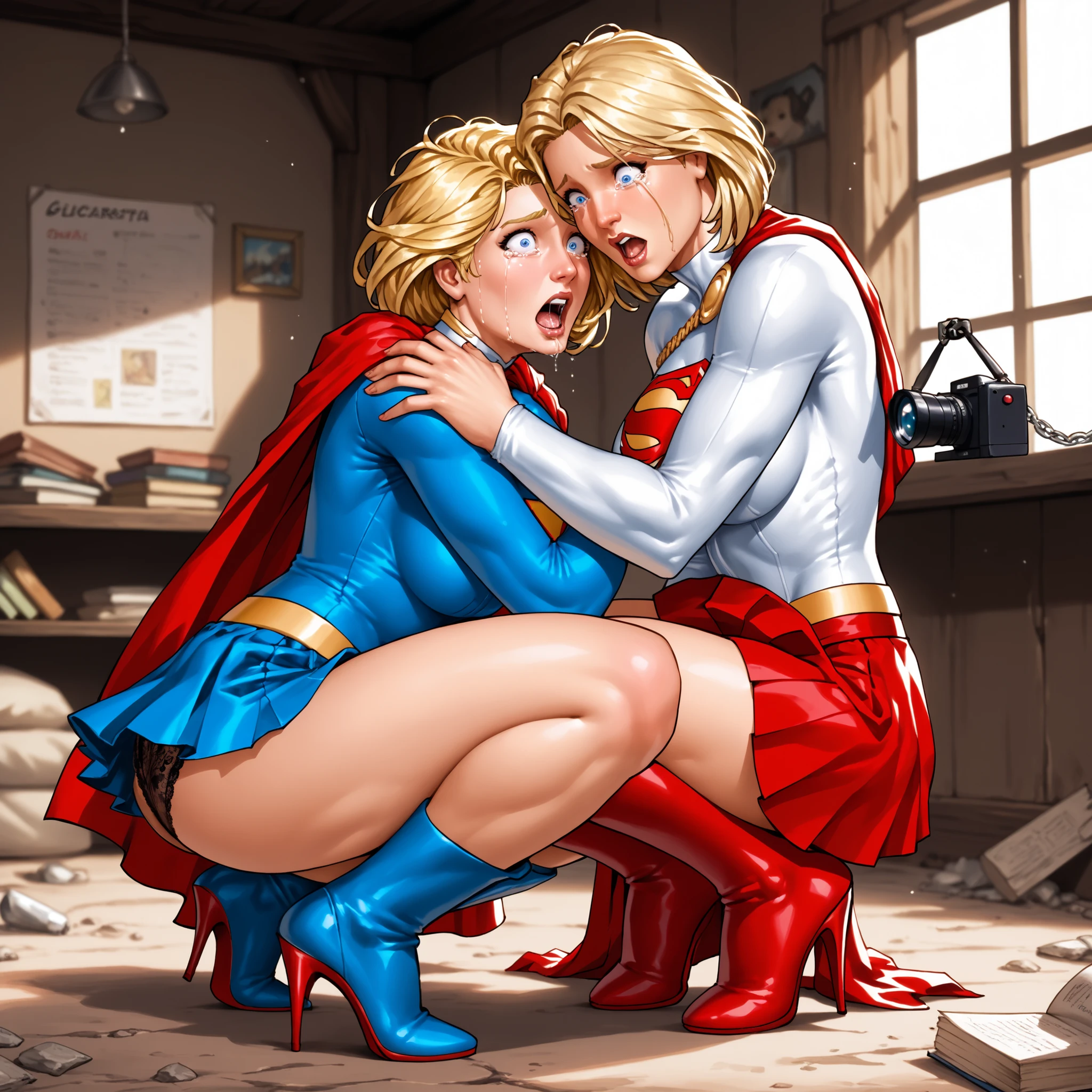 obra-prima, best quality, 2 s, Two plus-size women wearing Supergirl and Powergil uniforms, found trapped in an abandoned backyard, Dog House , ((shocked expression, crying a lot, looking at the view, looking at the camera)), ( Trembling a lot ). beijo, hug, (na parede ), (suor:1.2), par, (corar), (trace of saliva), big ass, skirt raised, lace panties, meias altas, Ligas, high heels , prominent nipple, agachado . looking at the view. Superheroines Powergirl de cabelo curto, blond hair. Superheroine Powergirl de cabelo curto, blond hair. Squatting. handcuffs on hands , handcuffs on feet , thick neck collars.