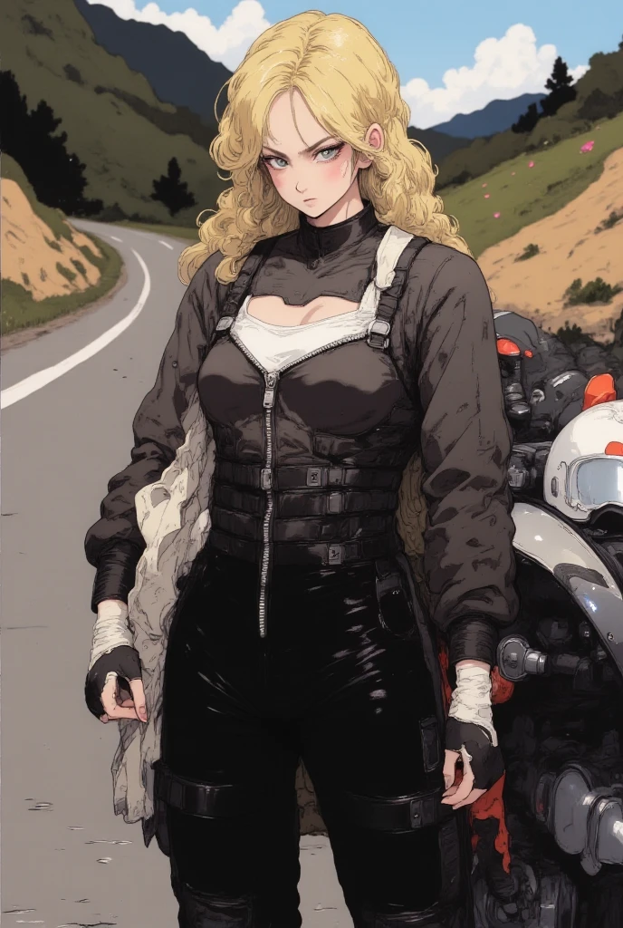EvaMetalGearSolid,blonde hair, blue eyes, goggles around neck, jumpsuit, belt, unzipped, cleavage, black bra, looking at viewer, smiling, standing, arms crossed, outside, street, on motorcycles, bright lighting, high quality, masterpiece, <lora:EvaMetalGearSolid:.7>