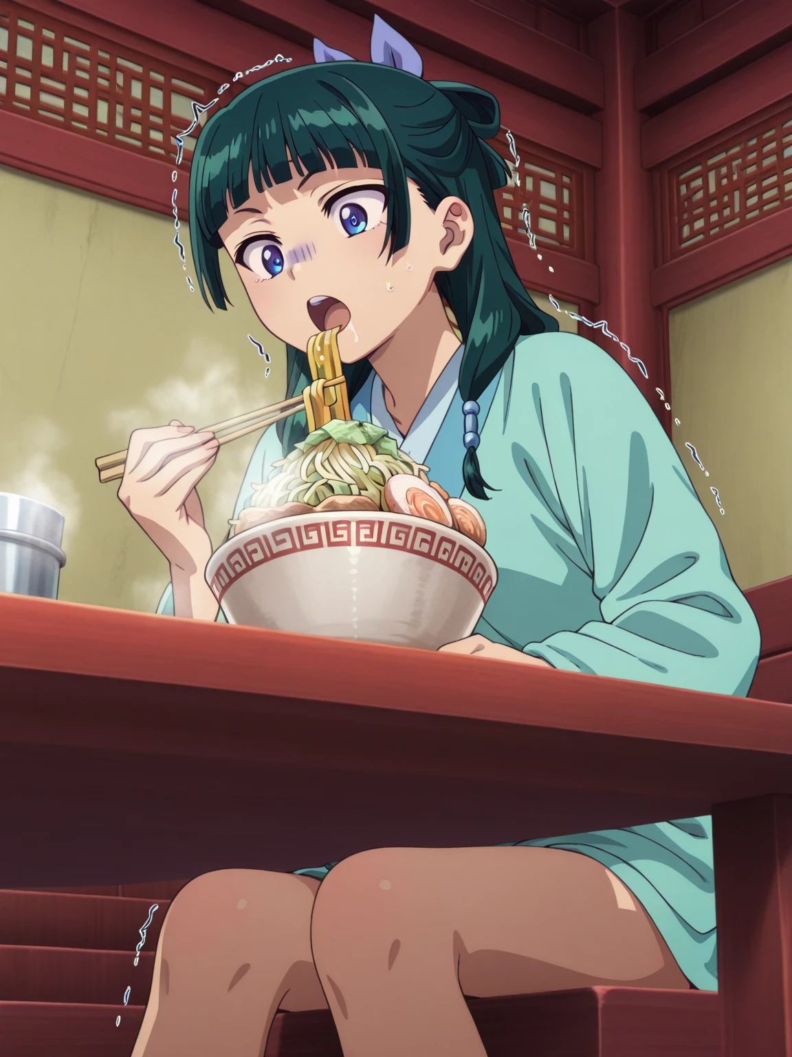 eating medicinal herbs、Are thin、green hairstyle,white shirt、holding his chest with both hands、A girl is in the picture
