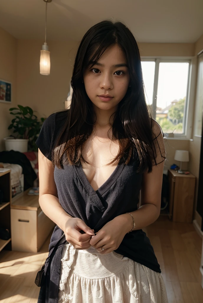generate me a picture of a Cambodia women who 22 years old small waist and have a beautiful face and black curly hair and her weight is 48 kilogram lay on the sofa without clothes