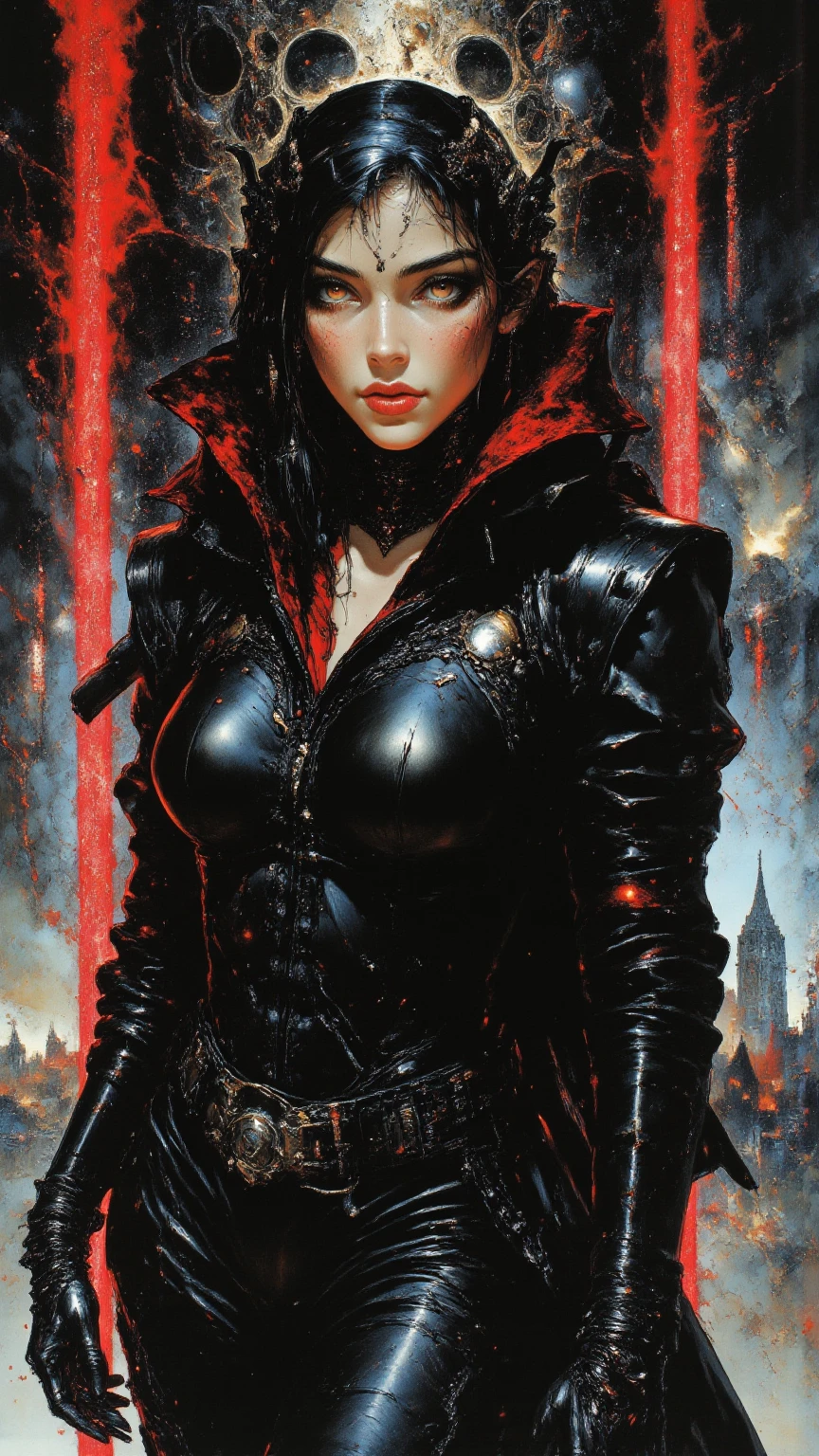 Black white comic Dark short haircut blue eyes sexy beautiful supervampire gothic girl stockings high heels black uniform very tall red cape lifts a car overhead in the air with one hand . The gangsters are frightened and fire their machine guns at her, all the bullets bouncing off her, flattening and deforming, and falling to the ground.