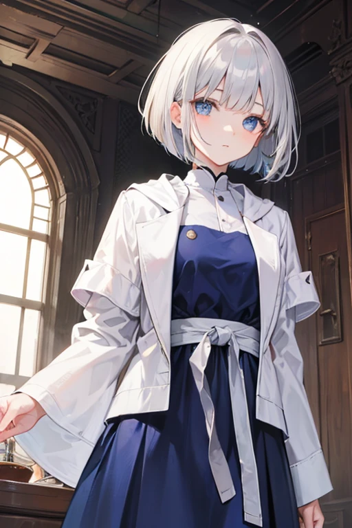 (Best quality, high resolution, Ultra-detailed, Photorealistic:1.2), A girl with pale hair with blunt bangs, Short hair, face round, Wearing a headband, (Green eyes), and smiling expressions, Medium-sized breasts, in a white shirt, blue jacket, Light yellow shoes, and white stockings, Stand in the spacious hallway. Cinematic lighting, high resolution, 1080p