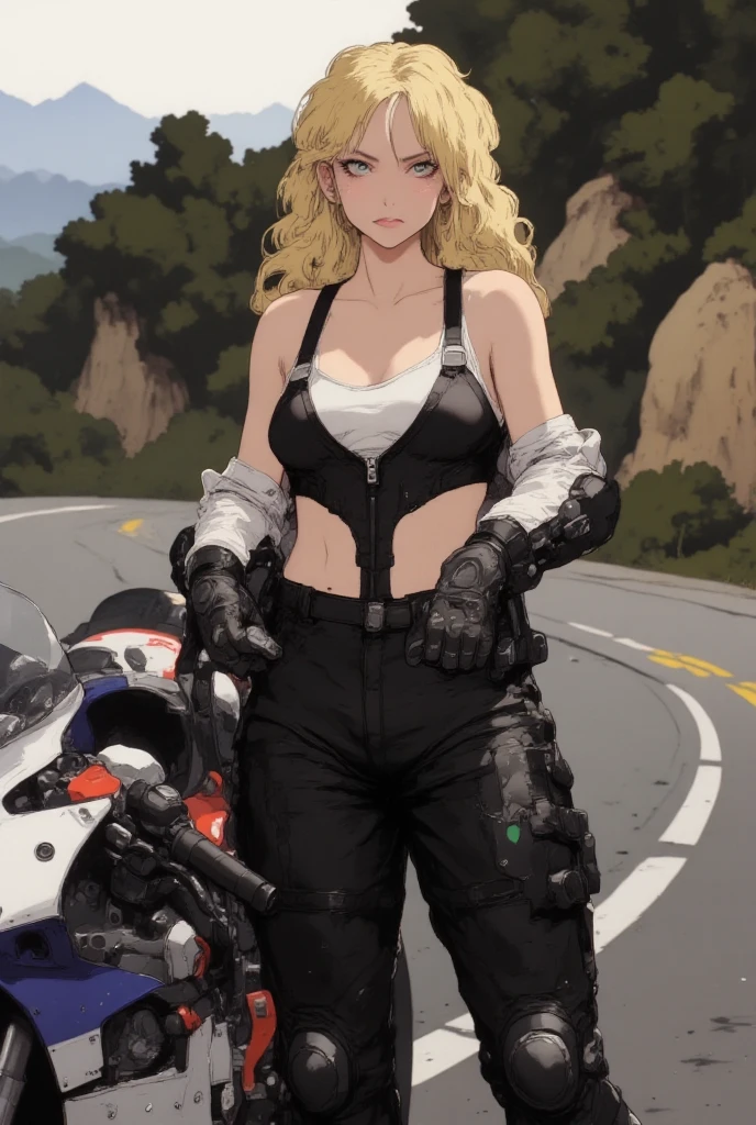 8k、(master piece:1.4)(highest quality:1.4)、(highest quality)、1 male 1 female、big tits milf、big tits milf、big tits milf、bikeofこよなく愛している。Under operation、イギリスのトライアンフ社製のbike。At the end of MGS3「Bonneville T120」of、In MGS4「Bonneville T100」of運転していた。Eva、long hair、blonde hair、blue eyes、goggles、gloves、belly button、cleavage、black bikini、Jumpsuit、bike、jungle、outdoors、huge breasts、ビューアof見て、solo focus、(shiny skin)、