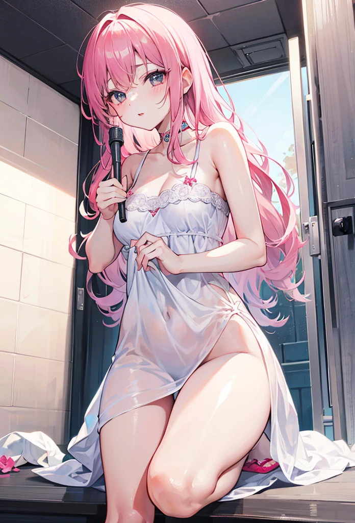 BREAK Perfect Anatomy、Highest quality、(cute:1.1)、(cute)、(High resolution:1.2)、Unbelievably absurd:1.3、Incredible illustrations、(cuteイラスト:1.2)、nsfw,（Beautiful background、Late Night、Bedroom、Red Curtain）、1gial(Pink hair、strong wavy hair、ponytail、 height 2.4meters, chubby 45kg,）(flat chest、)( Sex preparation:1.2),Appealing pussy、open vagina、pussy juice:1.2,Preparing ,
,（White Silk Sexy Lingerie、Garter Stockings）Against the wall、Hands above head