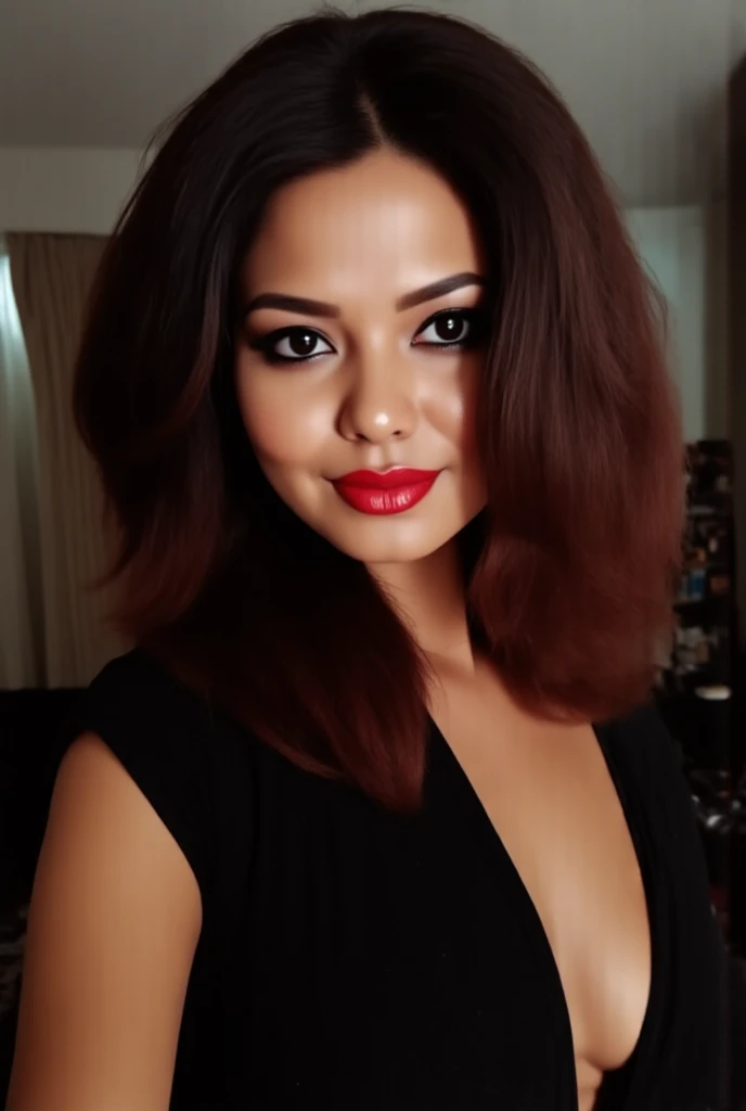 instagram photo, closeup face photo of 30 y.o Chloe in kebaya, Red Lipstick, sensual Lipstick, Sensational Make Up, cleavage, pale skin, (smile:0.4), hard shadows, Red G-STRING