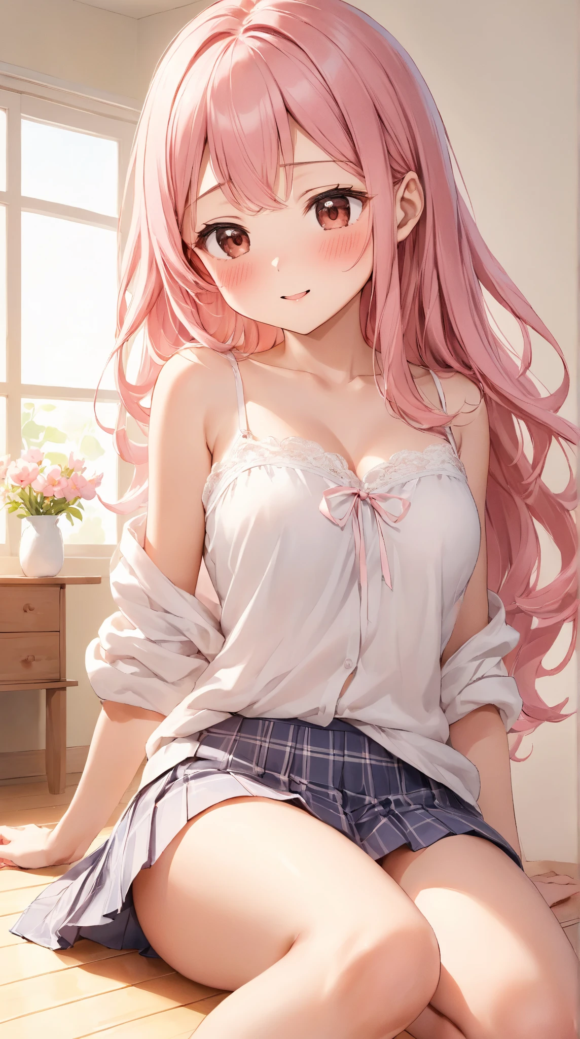 photorealisim、top-quality、超A high resolution、Japanese high school girl、18year old、Girl in uniform sitting on bed、low angle shot:1.5、M-shaped legs:1.4、She opened her legs wide:1.5、Spread your crotch、((Show panties:1.5))、sexy look at the camera、((blondehair))、((Pink Silk Panties))、Close-up in panties:1.4、Hands behind your back、Light blue shirt、Dark blue tartan plaid pleated skirt、Dark blue socks、Detailed cute and beautiful face、(pureerosface_v1:0.008)、Brown-eyed、eye liner、red blush、embarrassed from、glares、 shiny lips: 1.4, impatience、Frightened、glares、Panty appeal、Close-up in panties:1.3、red blush、is crying、Crying、Open knees、open one's legs、Disheveled clothes、Dressing、Medium Long Hair,In the bedroom、Anatomically accurate human body、perfect arms、perfect hand、Perfect fingers、perfect leg、accurate human body