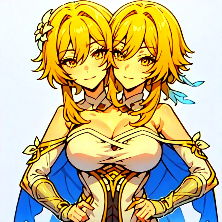 2 girls, mythra from xenoblade with blonde hair, and pyra from xenoblade with red hair, both have cleavage, giant breasts, very long hair, sexy hentai girl, masterpiece, best quality, high resolution
