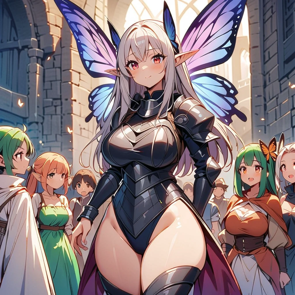3 Amazons are standing, (background is a fairy village:1.3), full body shot, gigantic breasts, cleavage, giga_busty