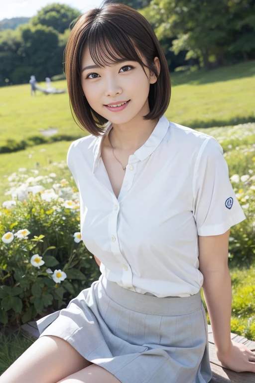 ((Best of the highest quality, 8k, Masterpiece, raw photo: 1.2)), (Sharp focus: 1.2), (1 AESPA, slim body type female, 21 y/o: 1.1), (Solo: 1.28), (realistic, photo-realistic:1.37), face focus, cute face, finely eyes, (droopy eyes: 1.32), (Emphasize prominent aegyo-sal with bright: 1.2), shimmering eyeshadow applied under the lower lash line, paired with thick, (small breasts, flat chest, Thigh: 1.3), (short hair: 1.28), (wearing button down business shirt, panties: 1.32), sitting on rice field, paddy field, flower, (from below: 1.12)